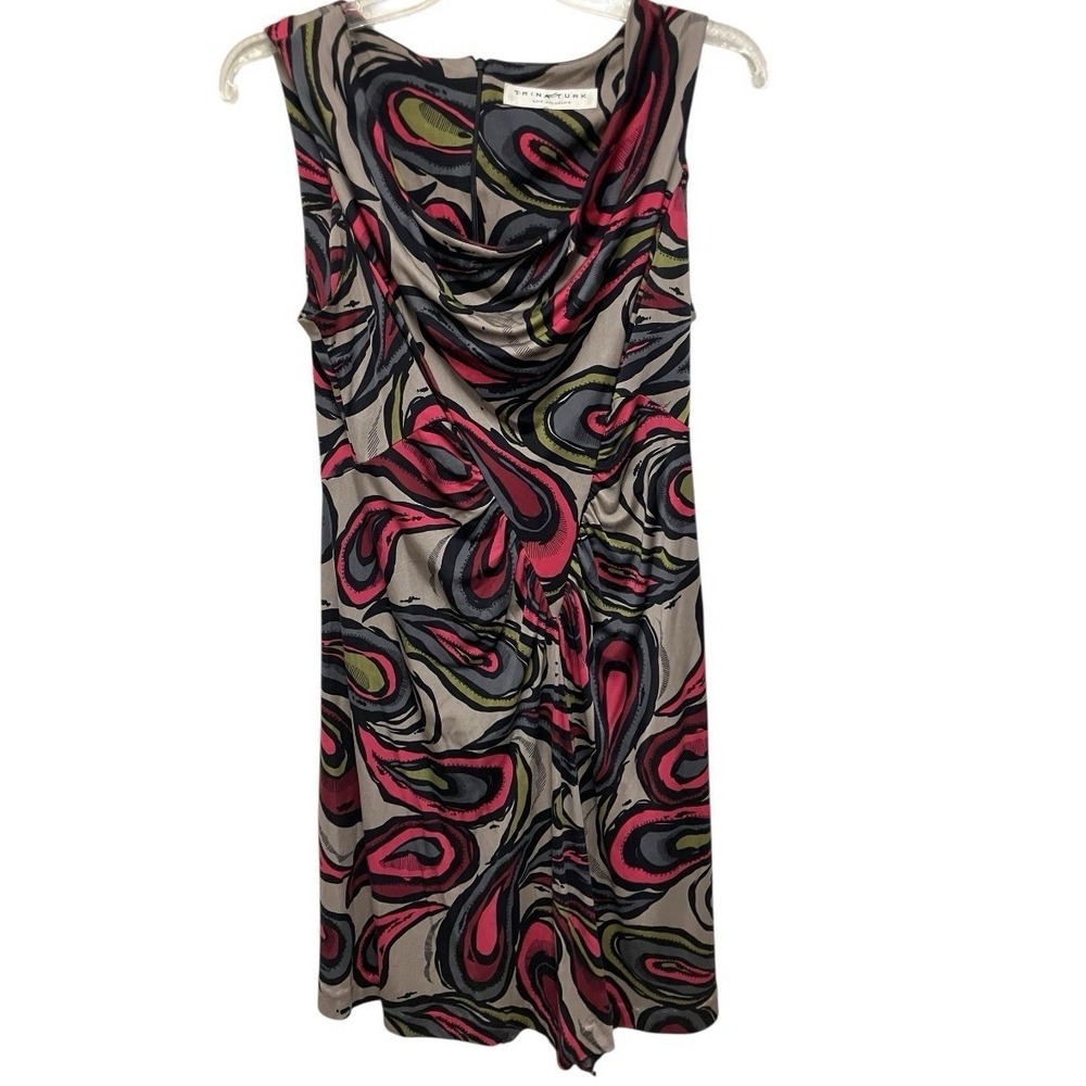 Trina Turk SILK Slimming Psychedelic Print Drape Neck Knee Length 16" Pit To Pit